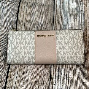 New Michael Kors Monogrammed Travel Center Stripe Wallet Tan and Cream MK